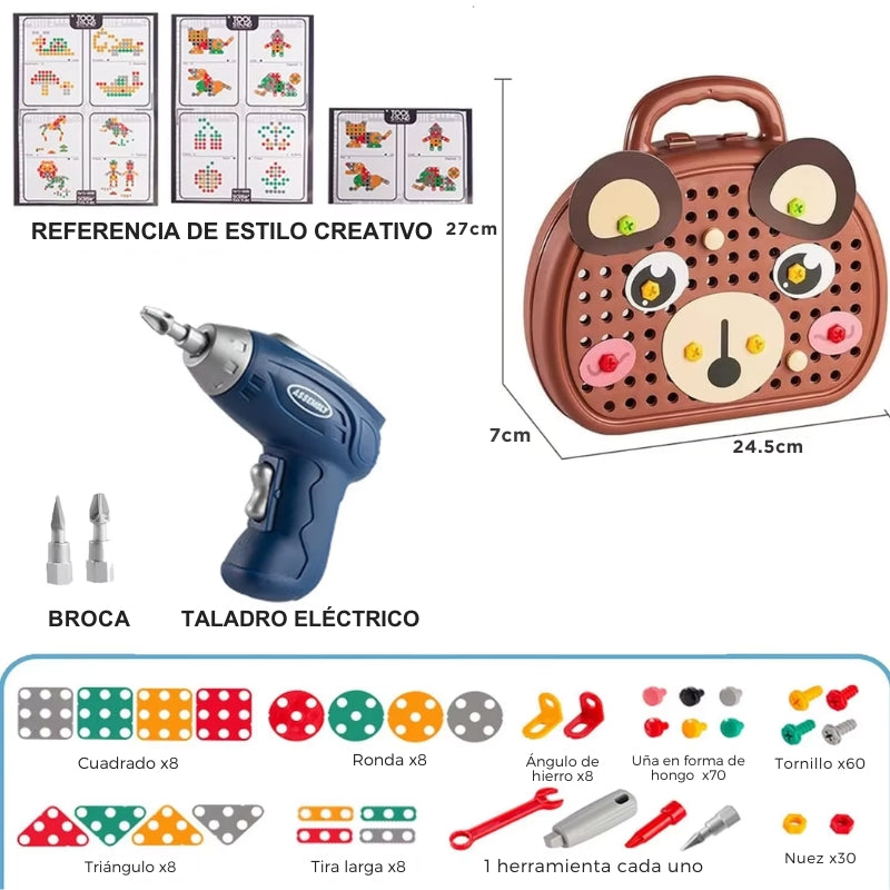 Taladro Montessori Caja de herramientas Taladro Juguetes de construcción de plástico Rompecabezas de tornillos con taladro